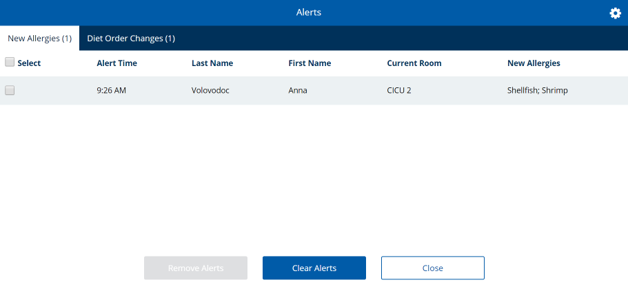 Alerts dialog displaying an allergy alert