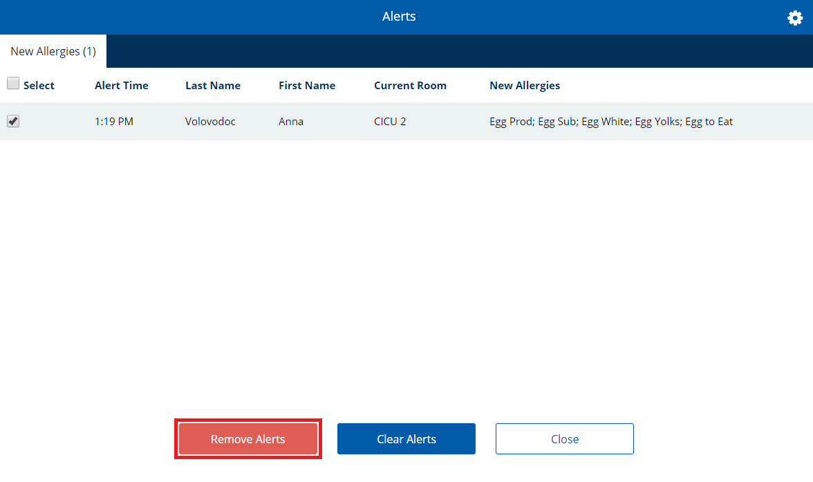 Alerts dialog with one alert selected and Remove Alert highlighted