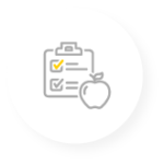 A gray and yellow icon of an apple in front of a clipboard checklist.