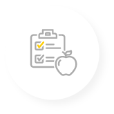 A gray and yellow icon of an apple in front of a clipboard checklist.