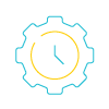 A blue and yellow icon of a gear with a clock face.