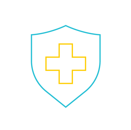 A blue and yellow icon of a shield emblazoned with a health cross.