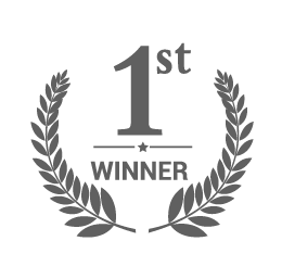 A gray icon of "1st Winner" surrounded by a laurel wreath.