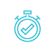 A blue icon of a stopwatch with a checkmark on the clock face.