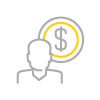 A gray and yellow icon of a person in front of a circle with a dollar sign in the center.
