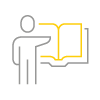A gray and yellow icon of a person pointing at a book.