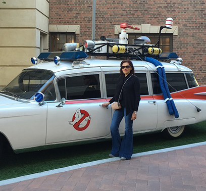 Alina enjoying a replica of the infamous Ghostbusters car.