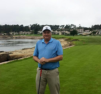 One of Steve's favorite pastimes is playing golf. Here he is front of the 18th hole at Pebble Beach.