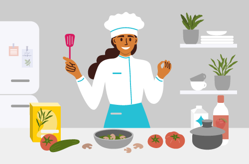 A vector graphic of a chef scaling recipes in a kitchen
