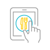 A multicolored icon of a hand selecting a meal on a tablet.